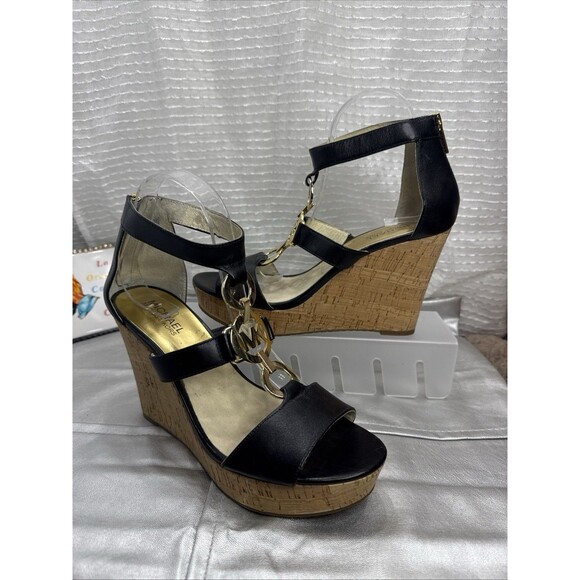 (E2) MICHAEL KORS Hyden Wedge Leather Sandals Sz US 8.5M Black 4” shoes heels - Picture 1 of 10